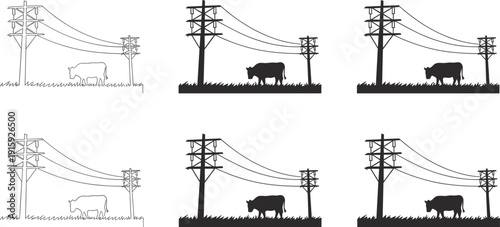 Six illustrations of a cow near an electricity pole and wires Keywords: electricity, power lines, cow, cattle, silhouette, farm