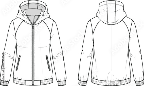 Front and Back View Hooded Jacket Technical Fashion Illustration with Zipper and Ribbed Cuffs