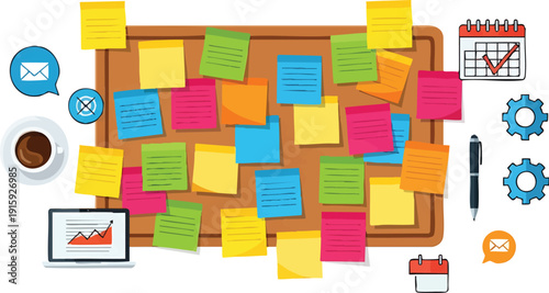 Colorful Sticky Notes on Cork Board with Business Productivity Icons - Task Management and Brainstorming