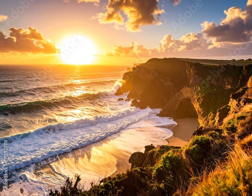 A serene coastal landscape at sunset with waves crashing on the shore
