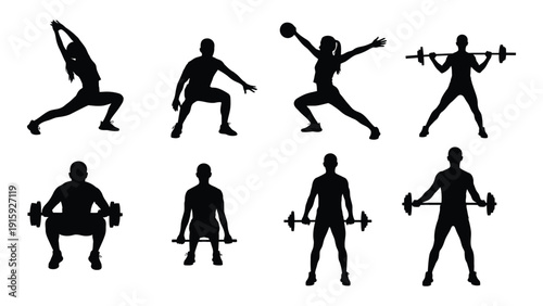 Diverse silhouettes of people engaging in various fitness activities isolated on white background, Vector