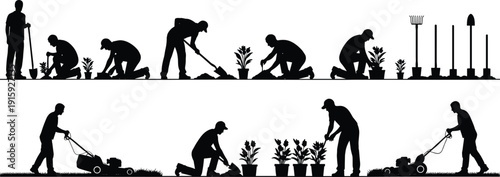 Gardeners Working Silhouettes Set Showing Planting, Digging, Watering and Lawn Mowing Activities in Outdoor Landscape