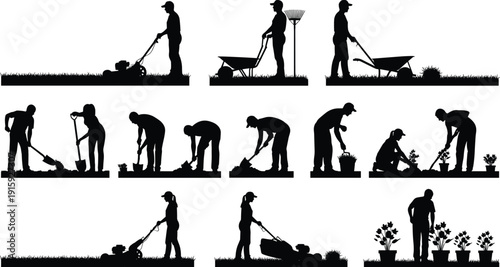 Gardening and Lawn Care Worker Silhouette Set Showing Mowing, Planting, Digging, Raking, and Yard Maintenance Activities