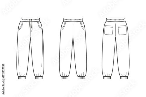 Pants vector illustration of three white joggers with pockets and elastic cuffs