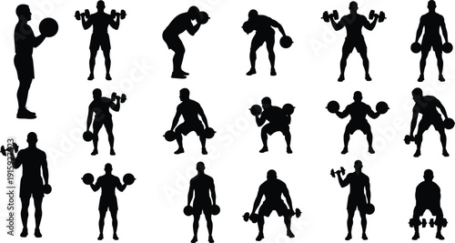 Gym Workout Silhouette Set with Dumbbell and Barbell Exercises Fitness Training Vector Collection