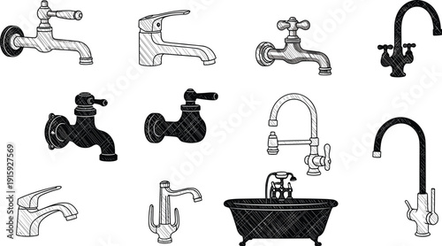 Hand Drawn Faucet and Tap Collection Vintage Plumbing Fixtures Bathroom Kitchen Vector Illustration Set