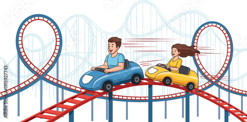 Happy Couple Riding Roller Coaster in Amusement Park with Loop Track and Speed Motion Illustration