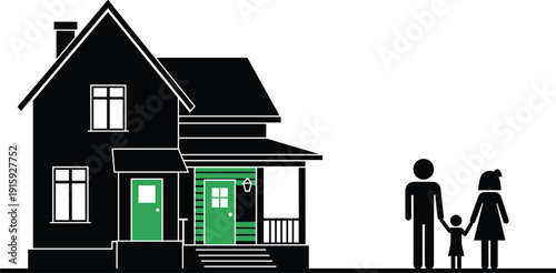 Happy Family Standing in Front of Modern House Silhouette with Green Doors, Real Estate Concept Vector Illustration