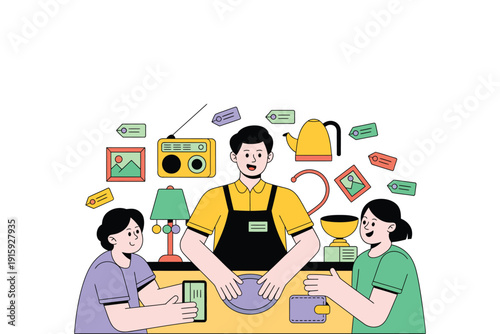 Illustration of people interacting in a domestic setting with various objects