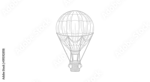 Wireframe Hot Air Balloon Illustration - 3D Render, Isolated on White Background