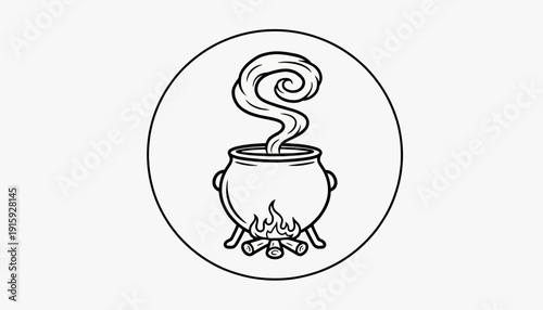 Witch's Cauldron Bubbling with Smoke Over Fire, Halloween Magic Potion