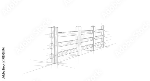 Wooden Fence Sketch Drawing, Rustic Countryside Boundary, Farm Element, Architectural Design