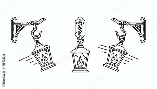 Vintage Lanterns Hanging on Brackets, Old Fashioned Outdoor Lighting, Cracked Glass, Flame