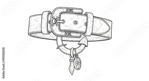 Vintage Leather Belt with Nautical Charm and Skull Buckle - Sketch Illustration