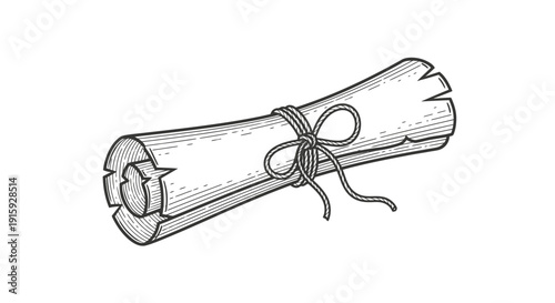 Vintage Scroll Tied With Rope, Old Parchment Paper, Antique Document, Blank Scroll, Isolated on White