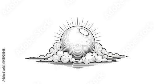 Vintage Sun Rising Above Clouds, Engraved Style