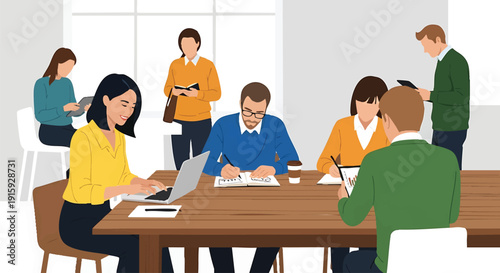 Diverse business team collaborating in modern coworking office, engaged in productive work and communication with technology.