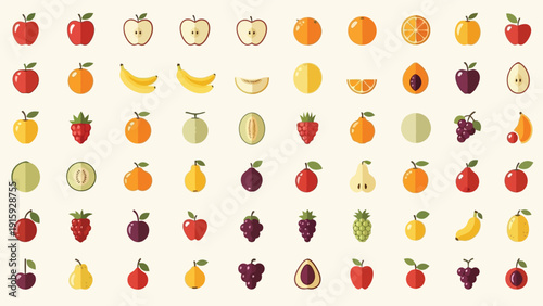 Two stylized fruits an apple and a cherry on a pale background