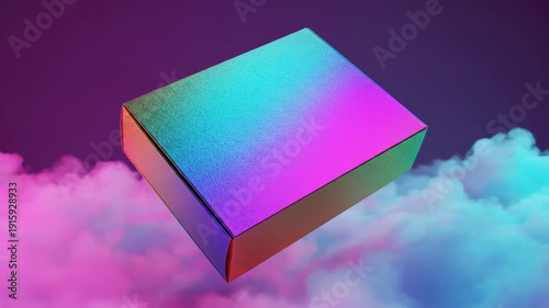 Holographic box floating in colorful clouds on a purple background, concept.