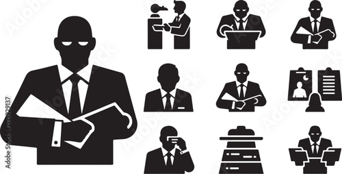 Businessman Office Work Icons Set in Black and White