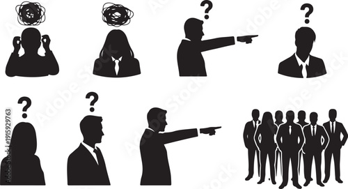 Business People Silhouettes with Question Marks and Pointing Gestures