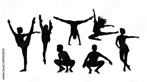 Diverse group of dancers performing various dynamic poses and movements isolated on white background, Vector