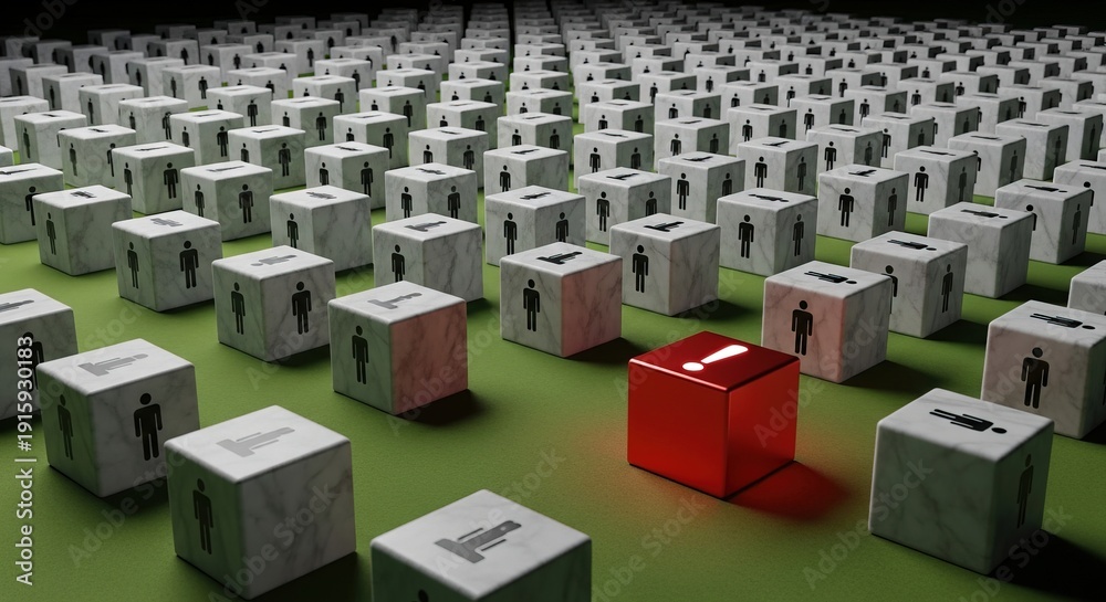 Obraz premium A single red cube stands out among numerous gray cubes on a green field, viewed from a slight angle