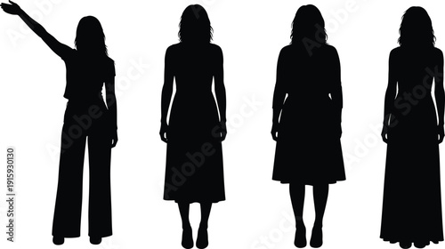 Silhouette of women standing in different poses, casual to formal outfits, isolated vector illustration for fashion design, animation, storyboard, or concept art.