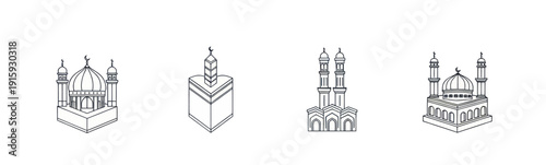 Set of Islamic mosque icons including domes and minarets line art vector illustration, perfect for religious designs and cultural projects