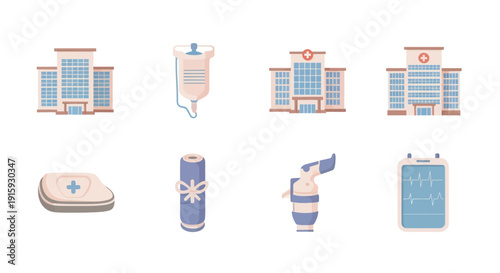 Set of medical and healthcare icons including hospitals, IV drip bag, soap bar, rolled towel, inhaler, and heart rate monitor for health and wellness design