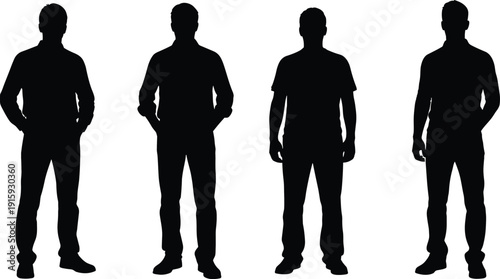 Silhouette set of standing men in casual outfits, front and side view, vector illustration for fashion, modeling template, and male posture study.