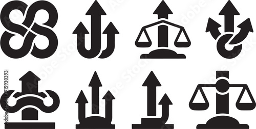 Justice and balance symbols in black and white icons