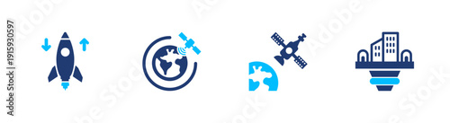 Space technology icon set. rocket, satellite, launch, orbit, aerospace. solid style icon collection