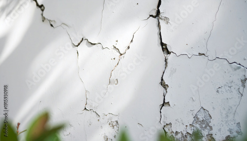 Foto Severe cracking and peeling paint on a white concrete exterior wall, showing major structural damage, decay, and deterioration needing urgent repair