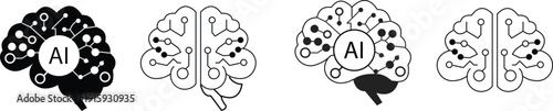 Set of artificial intelligence brain icons, neural network and machine learning concept line and solid icons