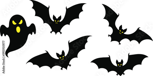 Stylized ghost and bat silhouettes with glowing eyes, spooky Halloween vector illustration, seasonal holiday artwork, eerie night design concept
