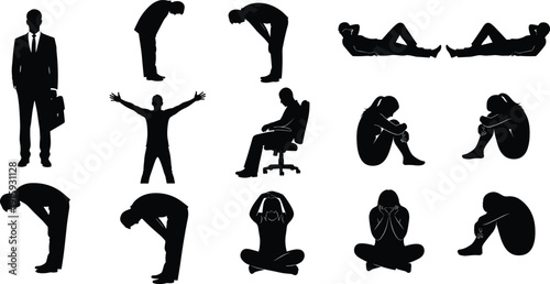 Human body posture silhouettes set showing stress depression exhaustion exercise relaxation and emotional states illustration