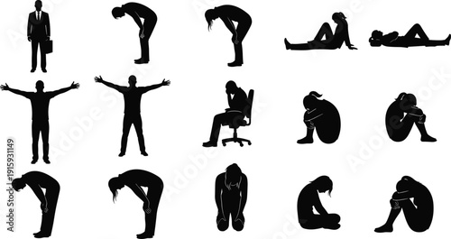 Human Emotion and Body Language Silhouettes Showing Stress, Sadness, Depression, Exhaustion, and Confidence Poses
