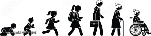 Human life cycle stages silhouette from baby to elderly wheelchair isolated vector illustration progression
