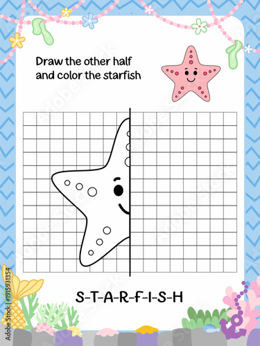 a activity page of hand drawn starfish line art with symmetry drawing