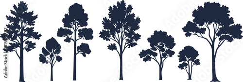 Stylized vector illustration of diverse tree silhouettes in varying shapes and sizes, creative outdoor artwork, decorative woodland landscape background design