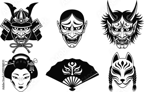 Japanese mask silhouettes set with samurai oni kitsune geisha traditional cultural vector illustration collection