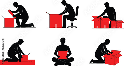 Man Packing and Unpacking Cardboard Boxes Silhouette Set, Moving and Delivery Concept Vector Illustration