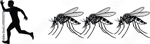 Man Running Away from Mosquitoes Silhouette Illustration, Insect Attack, Fear, Disease and Pest Control Concept