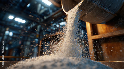 Granular material pouring from a container in an industrial setting, depicting production processes. The image captures the dynamic movement and texture of the substance
