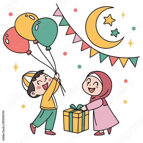 Joyful Muslim children exchanging gifts and holding balloons, celebrating Eid with festive decor.