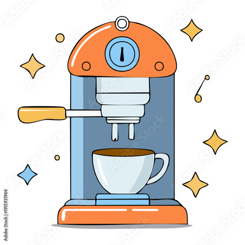 Modern orange espresso machine with blue details for brewing professional quality coffee at home - Vector Illustration
