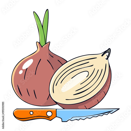 Fresh red onion and knife on wooden board for preparing flavorful salads and savory dishes - Vector Illustration