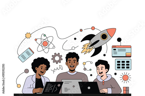 Laptop computer illustration of three people working together in teamwork