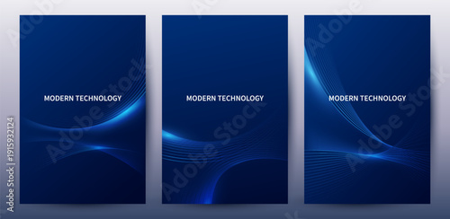 Abstract Blue Curve Technology Poster and Cover Template Set with Glowing Lines